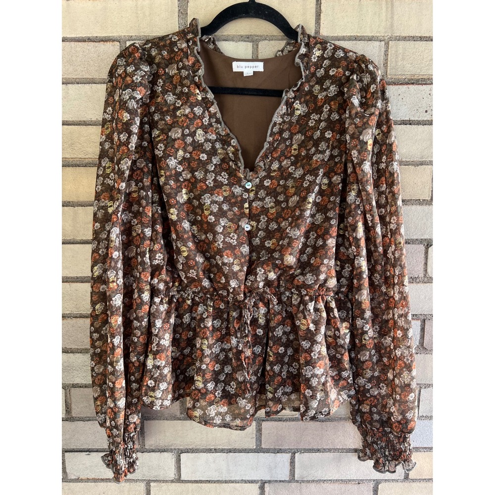 Blu Pepper Brown Floral Long Sleeve Peplum Blouse Size Large